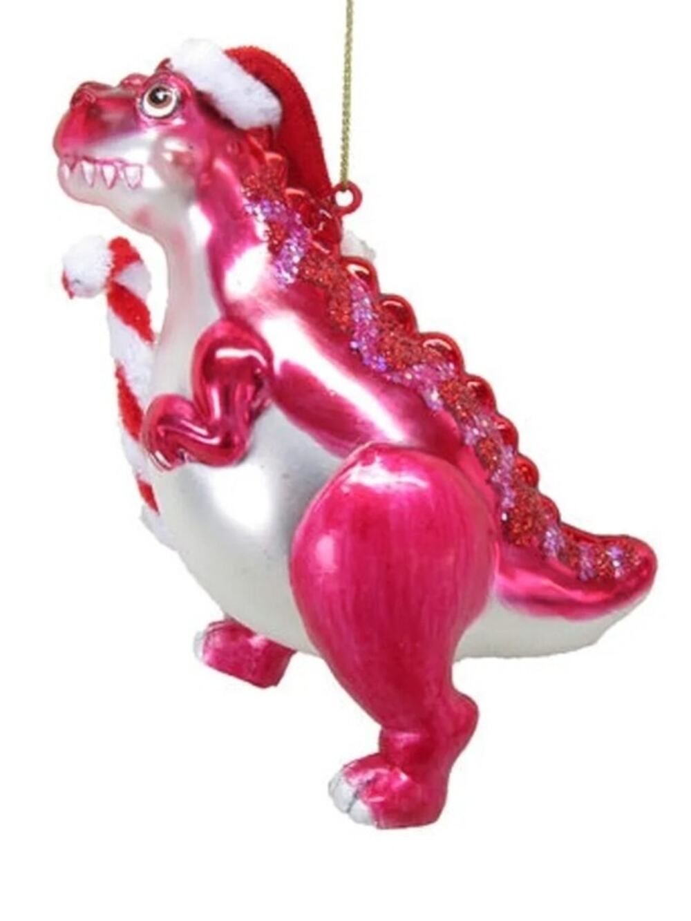 Dinosaur December Diamonds 79-81375 5" Pink Glass Christmas Ornament Candy Cane